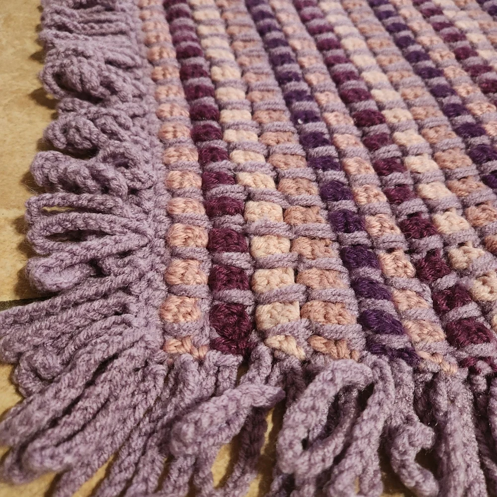 Vintage Purple Rose  Handmade‎ Crochet Granny Afghan Fringed Raskin Cowl Waffle